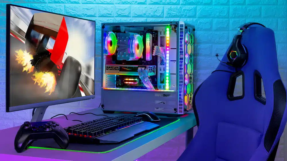 Silla-gaming-azul-con-cascos-en-espaldar-frente-a-ordenador-de-escritorio